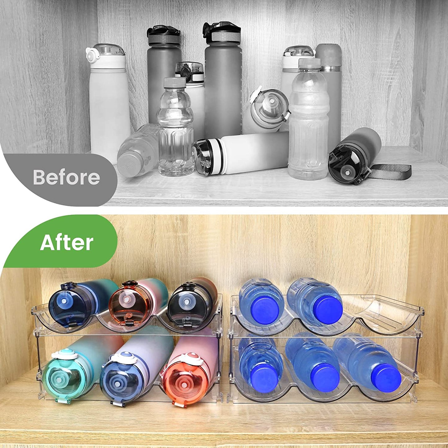 Cabinet Water Bottle Organizer - 2 Pack Stackable Storage Racks for Efficient Water Bottle Storage
