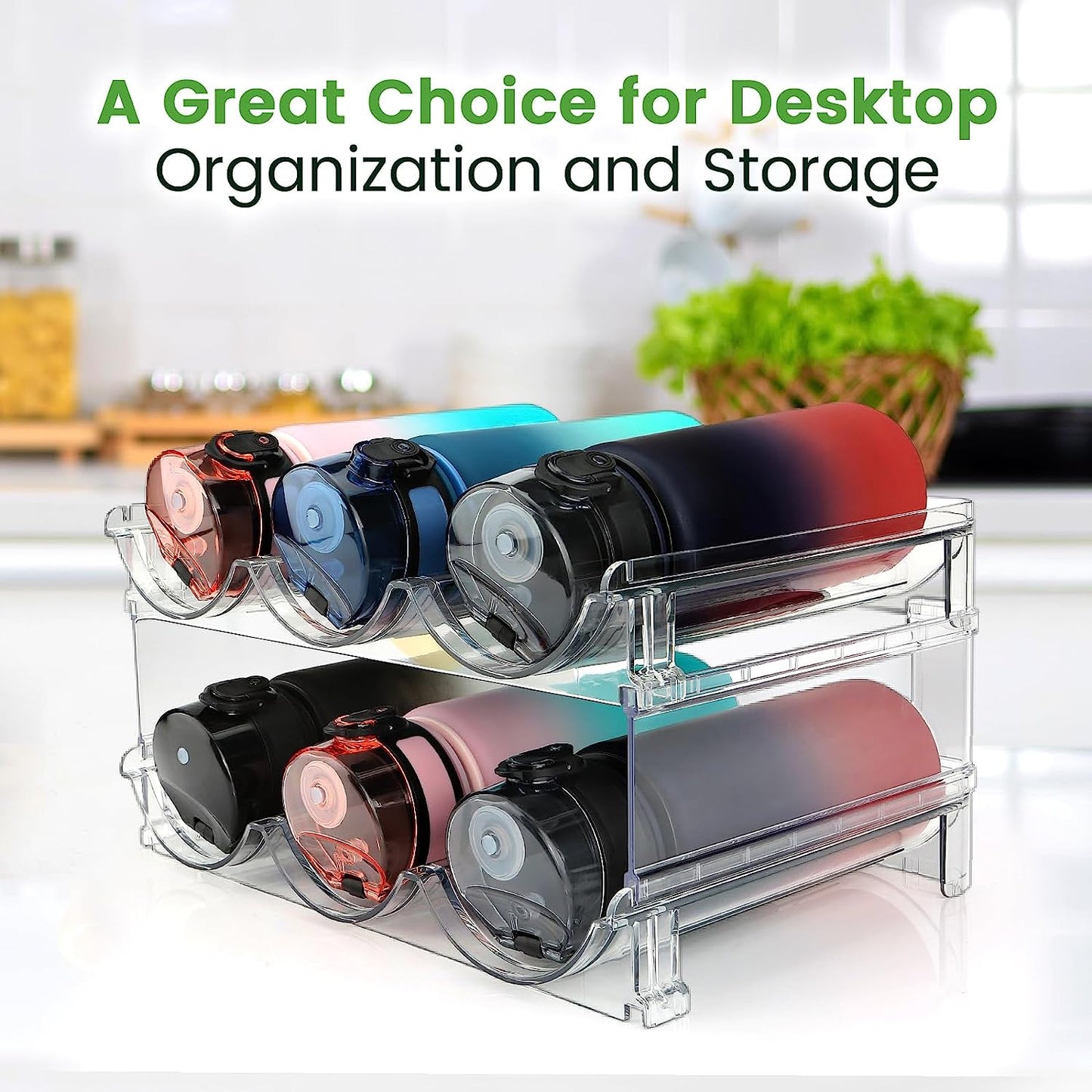 Cabinet Water Bottle Organizer - 2 Pack Stackable Storage Racks for Efficient Water Bottle Storage